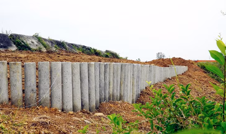 Ngoài gia cố bằng khung thép, đơn vị thi công cũng đóng cọc bêtông vào chân thành yếu Ngoài gia cố bằng khung thép, đơn vị thi công cũng đóng cọc bêtông vào chân thành yếu