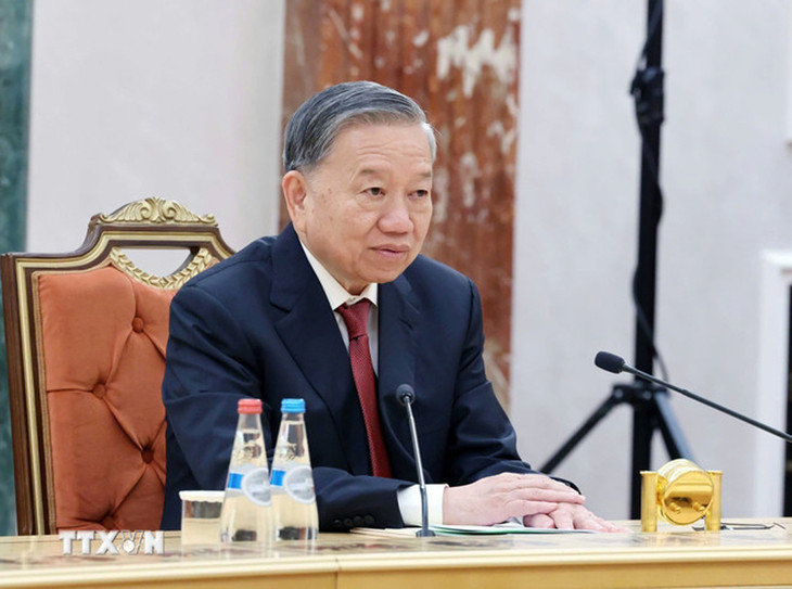 Tổng Bí thư Tô Lâm phát biểu tại cuộc hội đàm chính thức với Tổng thống Belarus Aleksandr Lukashenko. Ảnh: TTXVN