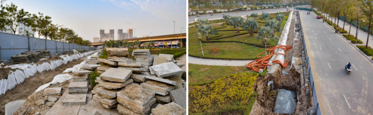 Vỉa hè được lát đá chưa lâu cũng bị cày xới, nhiều viên đá lát hè vỡ vụn.