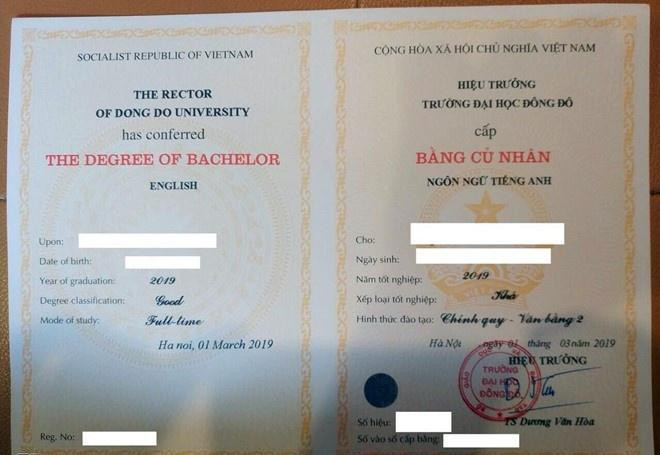 Mẫu bằng cấp cho học viên tốt nghiệp của Đại học Đông Đô. Ảnh: N.H.