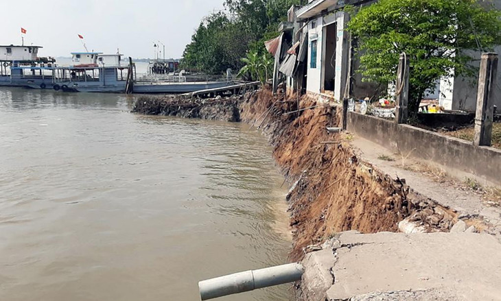 Hiện trường sạt lở ven sông Hậu tại thị xã Bình Minh, ngày 14/2