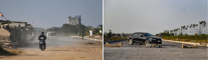 Dự án chưa hoàn thành cộng với khói bụi mù mịt nhưng nhiều phương tiện bất chấp đi qua. Một số xe bị chặn phải quay đầu.