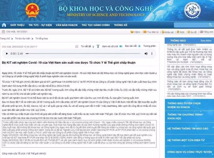 Thông tin Bộ KH-CN đăng tải bộ kit test Covid-19 của Việt Nam sản xuất được WHO chấp thuận