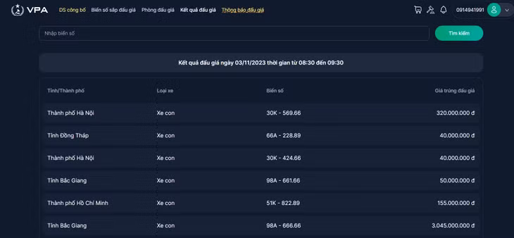 Kết quả đấu giá ngày 3/11/2023 thời gian từ 08:30 đến 09:30