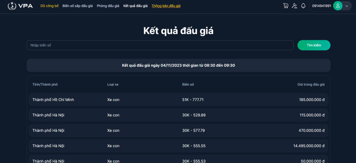 Kết quả đấu giá ngày 4/11/2023 thời gian từ 08:30 đến 09:30