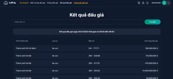 Kết quả đấu giá ngày 4/11/2023 thời gian từ 08:30 đến 09:30