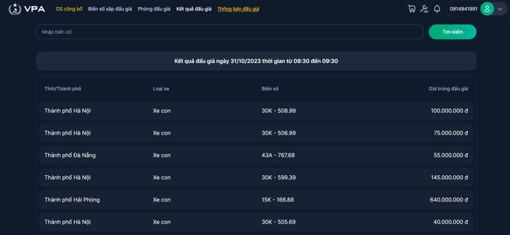 Kết quả đấu giá ngày 31/10/2023 thời gian từ 08:30 đến 09:30