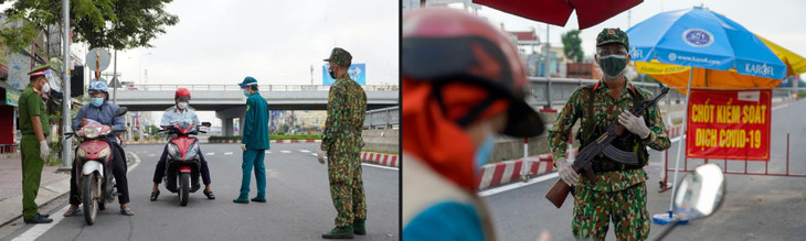 Công an Quận 12 và Sư đoàn 5, Quân khu 7, bảo vệ dân phố, phường đội Tân Thới Nhất trực chốt ngay ngã tư An Sương từ chối nhiều trường hợp không có lý do chính đáng, giấy tờ không hợp lệ, không có giấy đi đường mẫu mới theo quy định