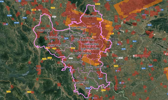 Khu vực cấm bay và hạn chế bay tại TP Hà Nội theo bản đồ trực tuyến.