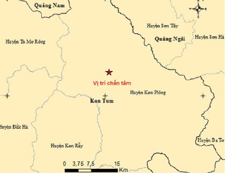 Vị trí xảy ra trận động đất ở Kon Tum chiều 4/12. Ảnh: Viện Vật lý địa cầu