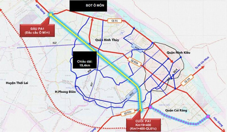 Sơ đồ tuyến vành đai phía Tây Cần Thơ (màu vàng)