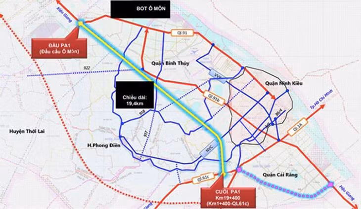 Sơ đồ tuyến vành đai phía Tây Cần Thơ (màu vàng)