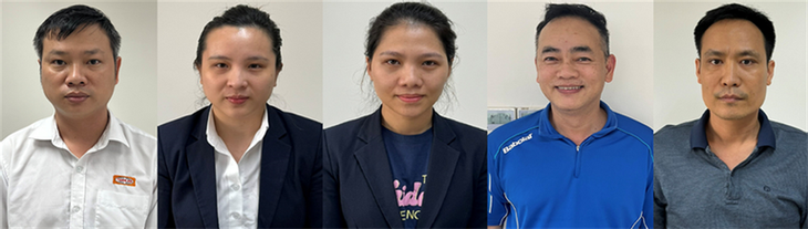 Các bị can (từ trái qua phải): Hoàng Liên Sơn; Võ Thị Thùy Trang; Trần Thị Minh Trang; Nguyễn Hoàng Vũ; Phan Thanh Thuận.