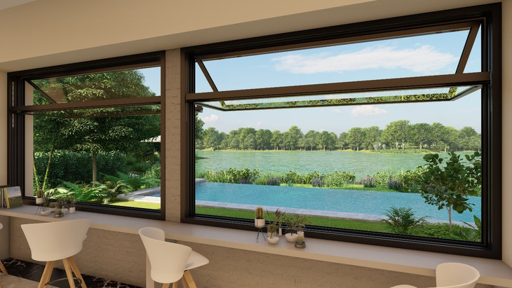 Ứng dụng cửa gấp trượt dọc tự động với tầm nhìn “đắt giá” view hồ, bể bơi. Ứng dụng cửa gấp trượt dọc tự động với tầm nhìn “đắt giá” view hồ, bể bơi.