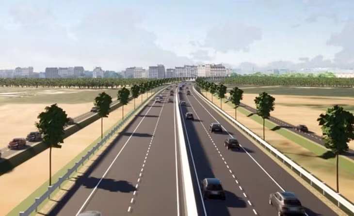 Phối cảnh Vành đai 4 được đầu tư giai đoạn 1 với 4 làn cao tốc, 2 làn dừng khẩn cấp cùng đường song hành hai bên