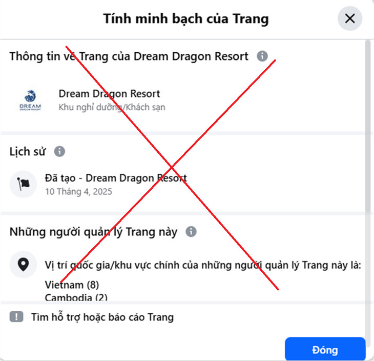 Hình ảnh page giả, mạo danh Dream Dragon Resort.
