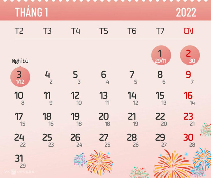 Tết Dương lịch 2022 sẽ có một ngày nghỉ chính thức 1/1 và nghỉ bù vào 3/1
