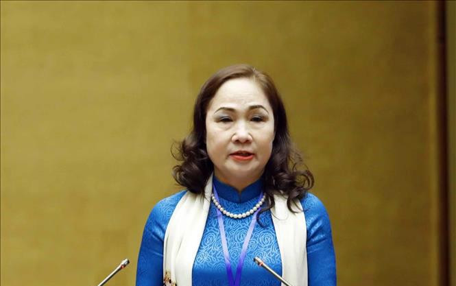 Nghệ sỹ nhân dân Thuý Mùi, Chủ tịch Hội Nghệ sỹ sân khấu Việt Nam phát biểu tại hội nghị. Ảnh: TTXVN