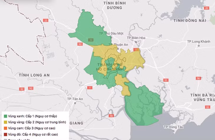 Bản đồ cấp độ dịch 22 quận huyện