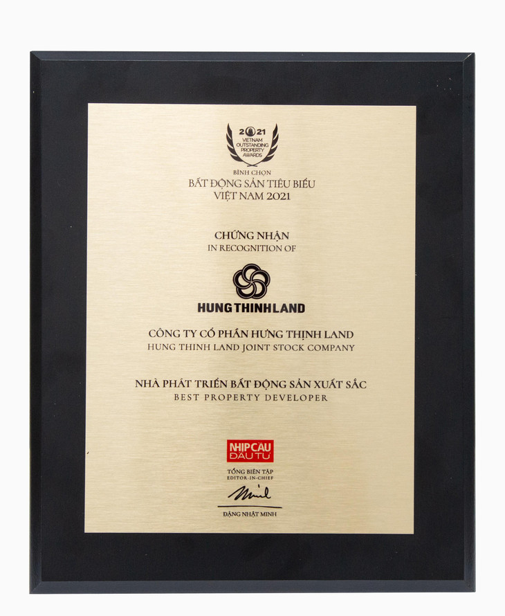 Chứng nhận giải thưởng “Nhà phát triển Bất động sản xuất sắc 2021” dành cho Hưng Thịnh Land