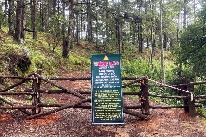 Đơn vị quản lý Vườn rào chắn, đặt thông báo tại một con đường mòn dẫn lên đỉnh Langbiang