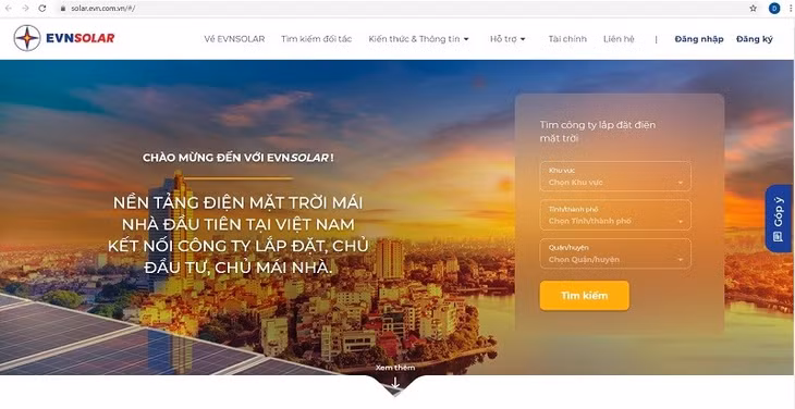 Giao diện nền tảng EVNSOLAR tại địa chỉ http://solar.evn.com.vn