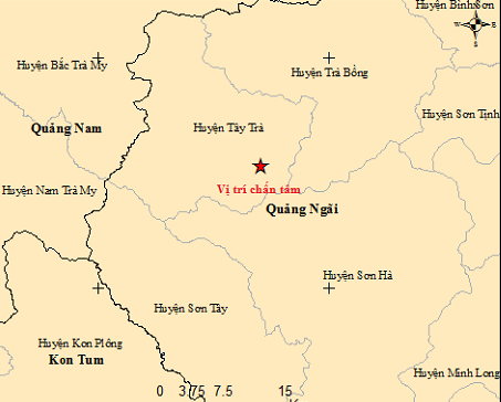 Vị trí trận động đất lúc 14h ở huyện Trà Bồng Vị trí trận động đất lúc 14h ở huyện Trà Bồng