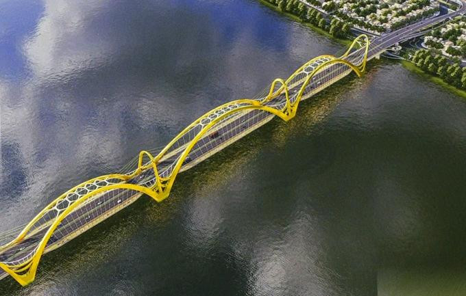 Phương án sử dụng loại hình cầu vòm kết hợp với dây văng để truyền tải đường nét dạng sông mềm mại