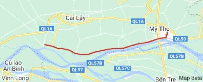 Đường màu đỏ là lộ trình Dự án Đường dọc bờ Bắc sông Tiền
