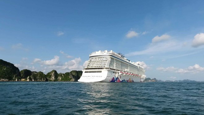 Một tàu biển đưa khách quốc tế đang tiến vào vịnh Hạ Long