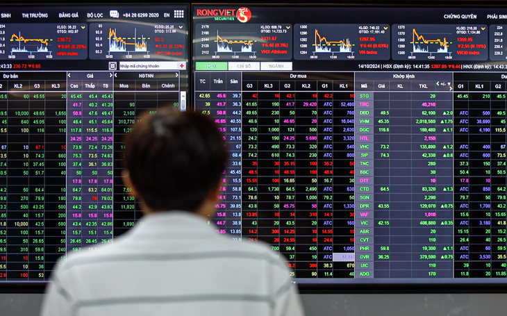 Nhà đầu tư đang theo dõi bảng điện tử tại một công ty chứng khoán