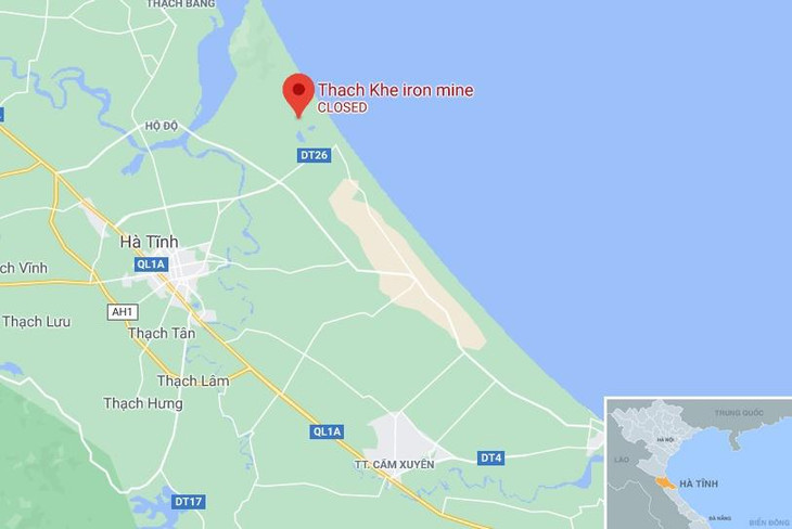Mỏ sắt Thạch Khê, huyện Thạch Hà, Hà Tĩnh (chấm đỏ). Ảnh: Google Maps.
