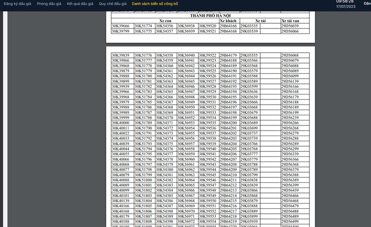 Danh sách biển số được đăng tải công khai trên trang thông tin đấu giá trực tuyến