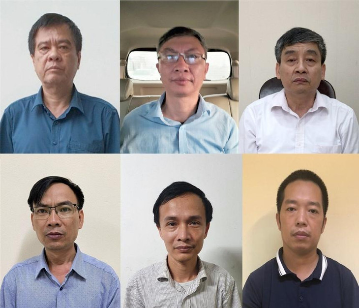 Từ trái qua phải, từ trên xuống dưới, 6 bị can gồm: Nguyễn Văn Kiên, Trịnh Mạnh Cường, Đinh Văn Hữu; Nguyễn Quang Tuyến, Võ Thúc Chính, Mai Thanh An.