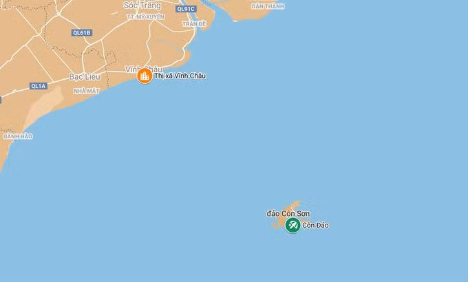 Vị trí thị xã Vĩnh Châu (Sóc Trăng) và Côn Đảo trên bản đồ