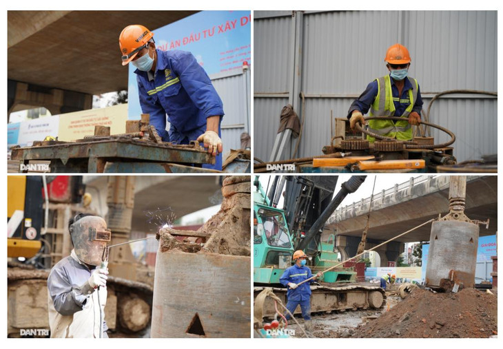 Ông Nguyễn Xuân Sơn, Đội trưởng thi công gói 4, dự án cầu Vĩnh Tuy giai đoạn 2 cho biết: &quot;Lực lượng công nhân đang chia làm 2 mũi khoan nhồi, làm việc 3 ca liên tục/ngày tại khu vực đê tả sông Hồng&quot;.