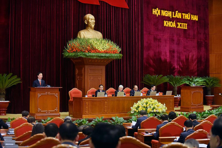 Ủy viên Bộ Chính trị, Thường trực Ban Bí thư Võ Văn Thưởng báo cáo nội dung chương trình làm việc Hội nghị Trung ương 2, khóa XIII.