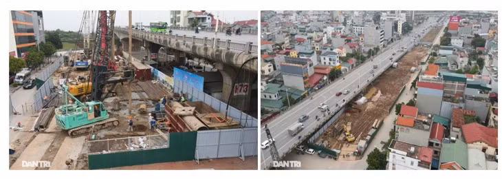 Những ngày đầu tháng 3/2021, tại khu vực chân cầu Vĩnh Tuy, đoạn qua nút giao đường Cổ Linh (Long Biên, Hà Nội), các đơn vị nhà thầu đang tập trung nhân lực, máy khoan cỡ lớn để thi công khoan nhồi các cọc bê-tông.