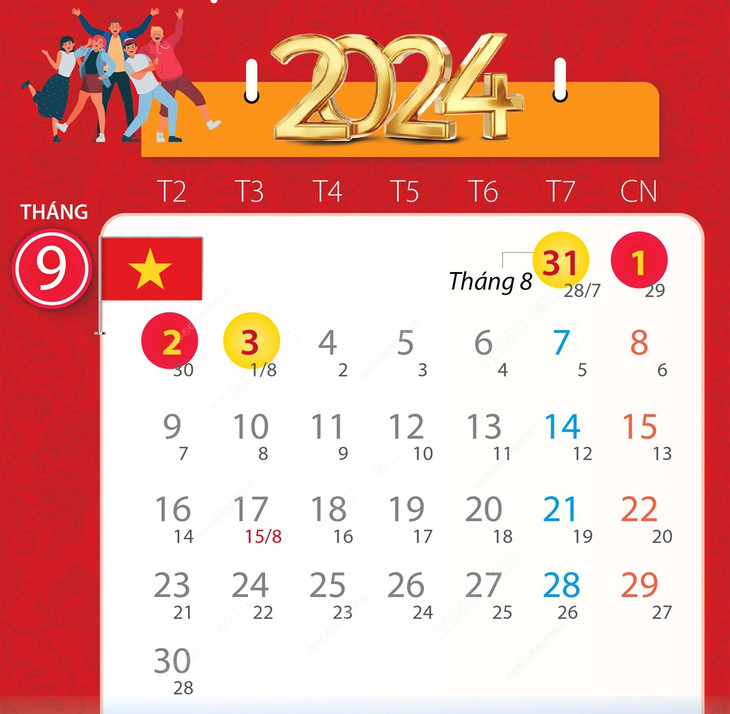 Cán bộ, công chức, viên chức, người lao động được nghỉ lễ Quốc khánh năm 2024 từ ngày 31/8 đến hết ngày 3/9 Dương lịch.