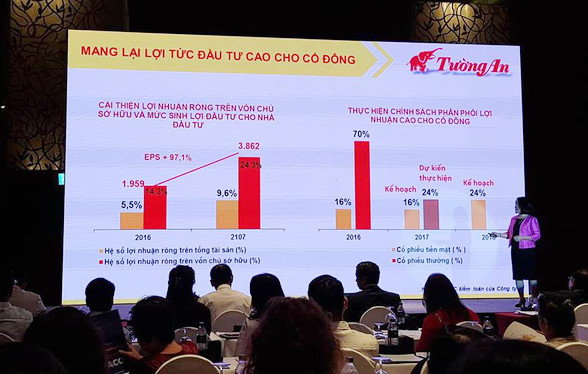 Chủ tịch Nguyễn Thị Hạnh trình bày nội dung tại Đại hội cổ đông thường niên Tường An năm 2018