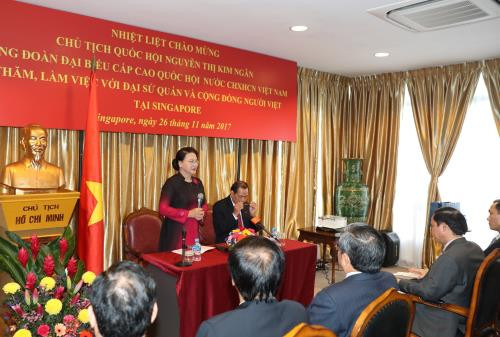 Chủ tịch Quốc hội Nguyễn Thị Kim Ngân nói chuyện, thăm hỏi cán bộ, nhân viên Đại sứ quán và cộng đồng người Việt tại Singapore. Ảnh: TTXVN