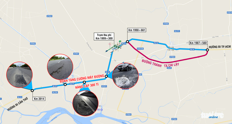 Vị trí các điểm sụt lún, bong tróc trên đoạn quốc lộ 1A vừa được Công ty TNHH Đầu tư quốc lộ Tiền Giang (doanh nghiệp Dự án BOT Cai Lậy) cải tạo lại để thu phí - Đồ họa: Nam Trần - Hữu Thuận