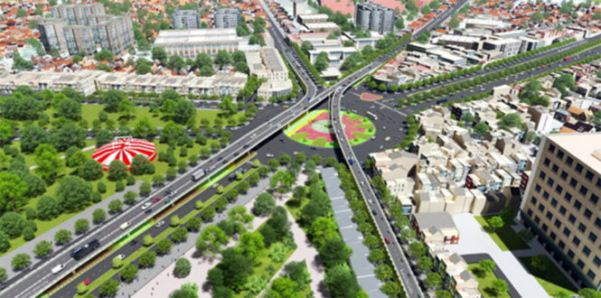Phối cảnh cầu vượt hình chữ N ở vòng xoay Nguyễn Kiệm - Nguyễn Thái Sơn.