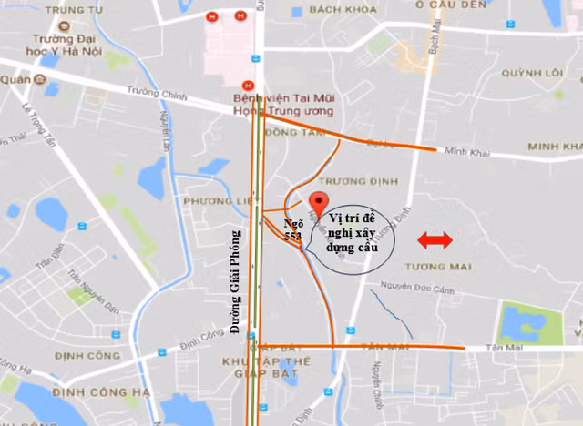 Vị trí đề nghị xây cầu tạm qua sông Sét (Ảnh: Tuổi trẻ Online)