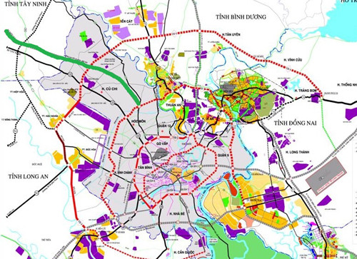 Sơ đồ tuyến cao tốc TP HCM - Mộc Bài (đường màu xanh lá) đi gần như song song với Quốc lộ 22.