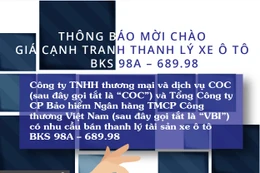 Thông báo mời chào giá cạnh tranh thanh lý xe ô tô BKS 98A – 689.98