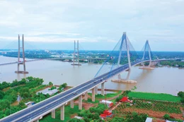Nhà thầu thi công cầu Mỹ Thuận 2 sử dụng hệ thống cốp pha trượt tự động, kết hợp cùng thiết bị kiểm soát độ rung, độ lệch trụ cầu qua hệ thống cảm biến không dây để đẩy nhanh tiến độ thi công và tăng độ chính xác của các cấu kiện quan trọng. Ảnh: Lê Tiên