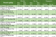 Tồn kho và nợ vay của một số doanh nghiệp bất động sản. Nguồn: báo cáo tài chính doanh nghiệp, đơn vị tính: tỷ đồng
