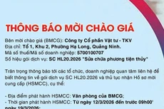Công ty cổ phần Vật tư - TKV thông báo mời chào giá gói dịch vụ SC HL20.2026 