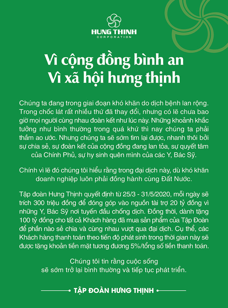 Tập đoàn Hưng Thịnh tài trợ 20 tỷ đồng cho y, bác sĩ chống dịch và dành tặng khách hàng 100 tỷ đồng 